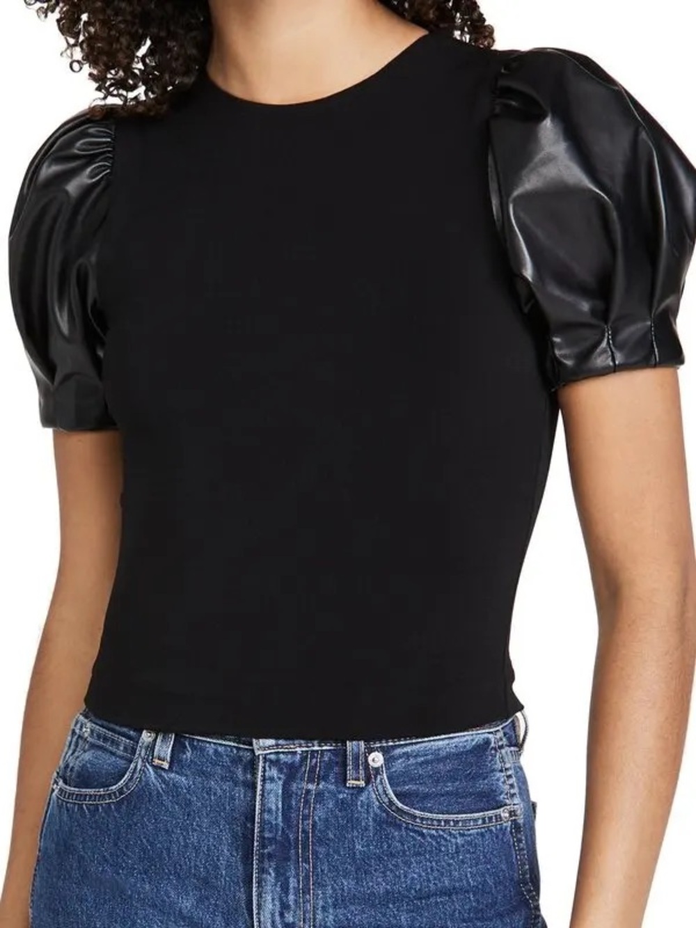 Alice + Olivia Aubrey Vegan Leather Black Puff Sleeve Top Small